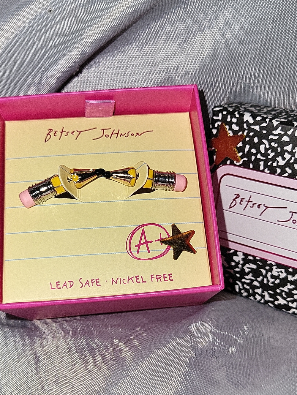Betsey Johnson Yellow Pencil Thru Ear Illusion with Pink Erasers Bnib TL M Rt LS